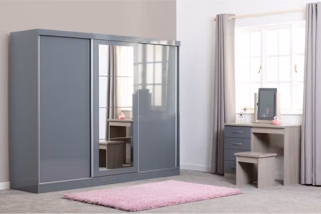 Seconique Modern 3 Door Sliding Wardrobe with Glass Mirror Doors in Grey Gloss