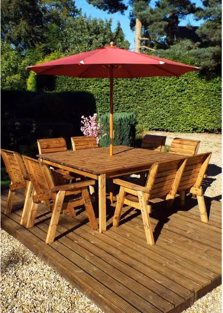 Charles Taylor Eight Seater Rustic Treated Hardwood Garden Table, Bench and Chairs Set in Burgundy and Brown