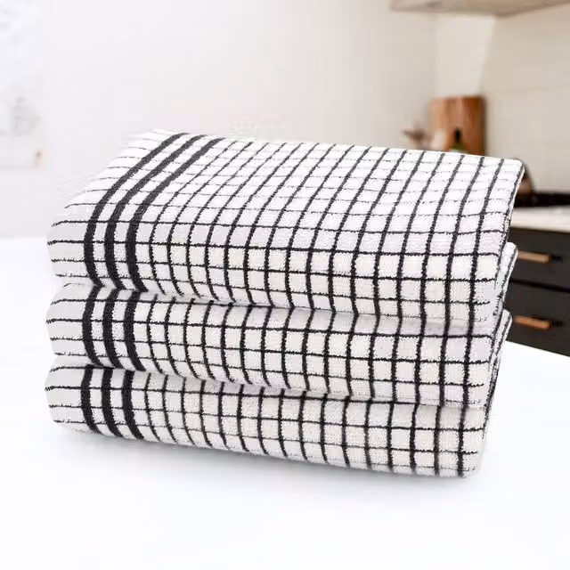 Kitchen Trends Set of 3 Highly Absorbent Striped Cotton Tea Towels in Black