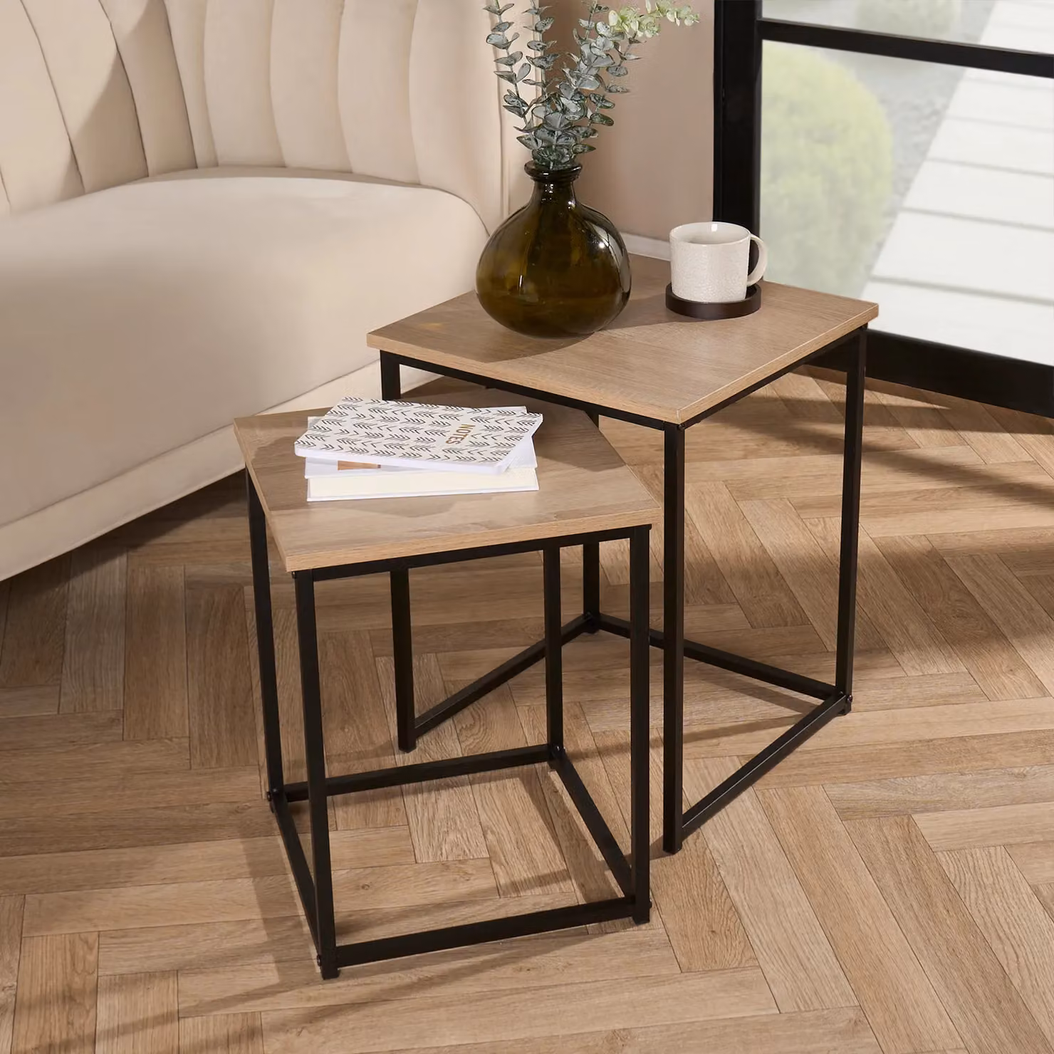 OHS Manhattan Set of 2 Square Nest of Tables in Light Oak and Brown – 2
