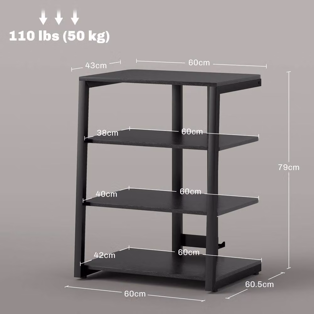 STILVORA 4 Tier HiFi Rack with Adjustable Shelves in Black Metal – 4