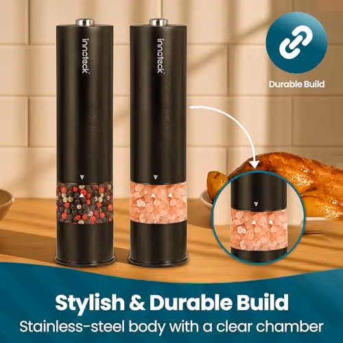 Innoteck Electric Salt and Pepper Mill Set with Ceramic Grinder and Integrated Light, Battery-Operated, Black – 4