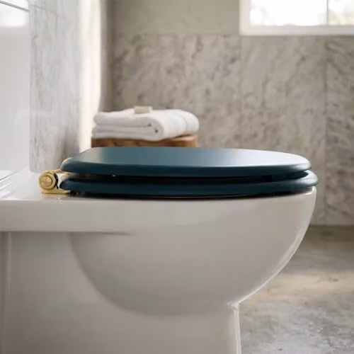 Harbour Housewares Soft Close Oval Wooden Toilet Seat in Blue and Gold – 3