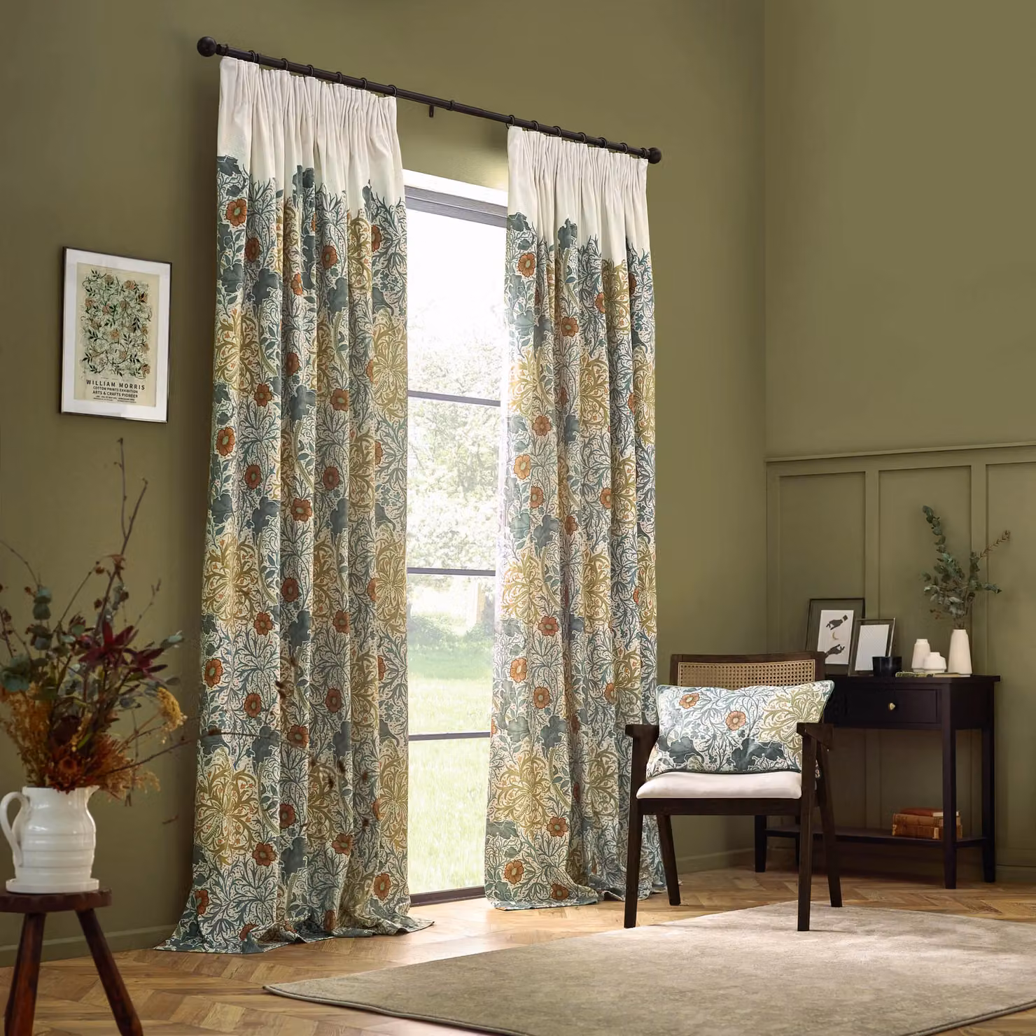 Morris & Co. Seaweed Printed Velvet Pencil Pleat Curtains, Stone and Sunflower, W: 167 cm, H: 183 cm – 2