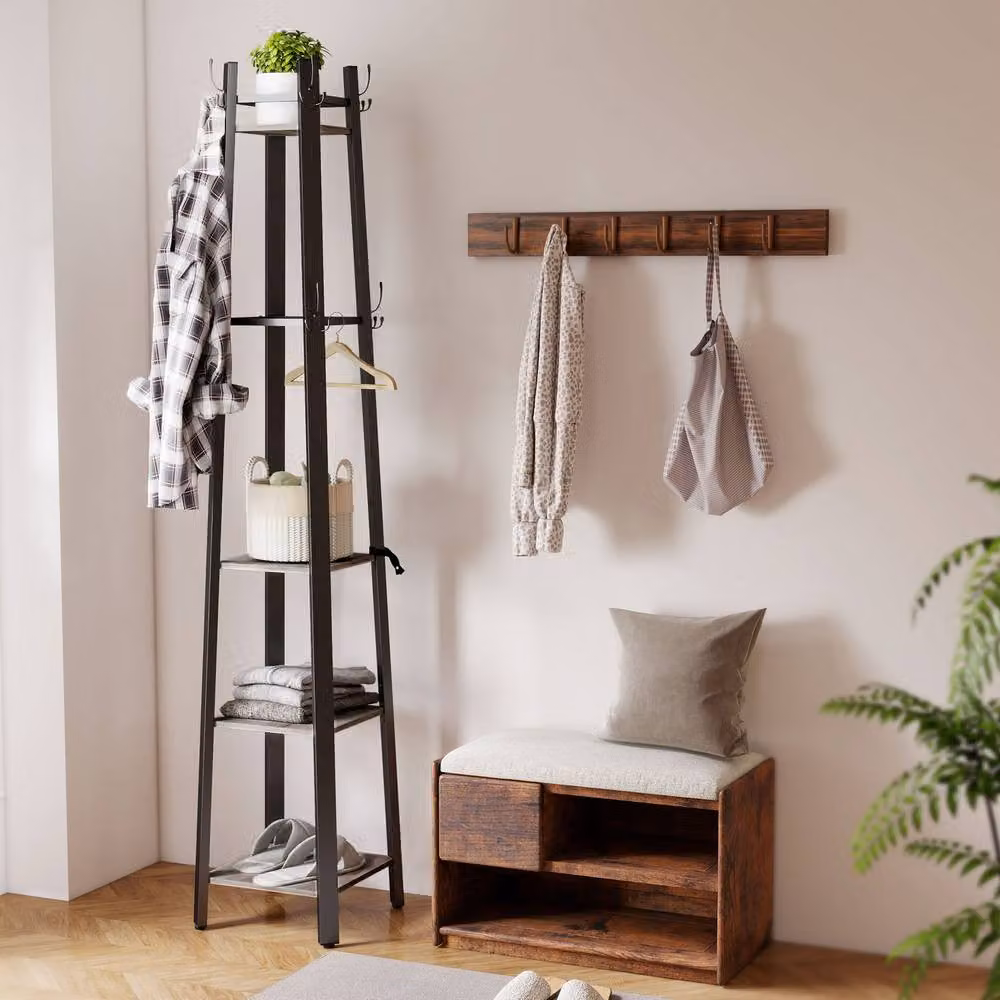 STILVORA Industrial Coat Stand with 8 Hooks and 4 Shelves in Grey and Black – 2