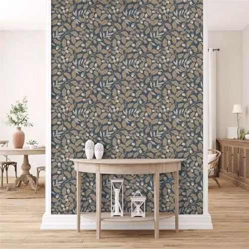 Arthouse Acorn Trail Timeless Oak Leaf Wallpaper in Navy, Blue and Green Botanical Floral Design – 2