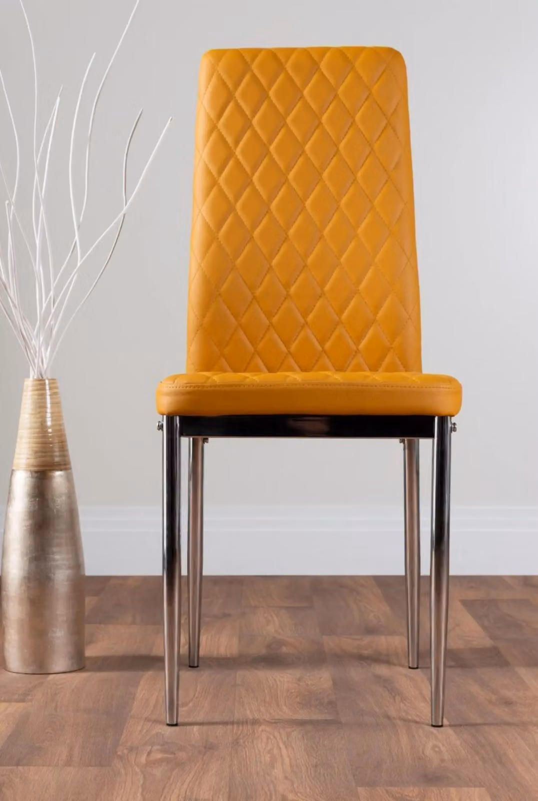 FurnitureboxUK Adley Grey Concrete Effect Round Dining Table and 4 Milan Mustard Faux Leather Chairs with Chrome Legs – 3