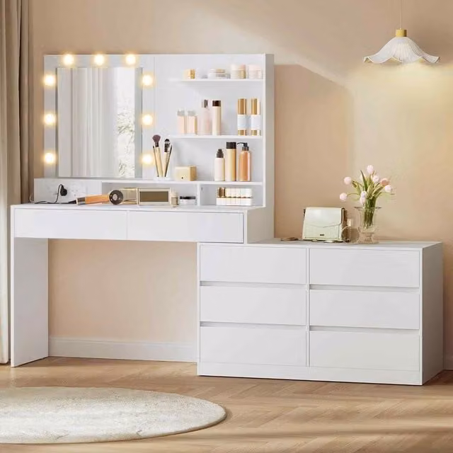 The Bazaarist Corner Vanity Table with LED Mirror and 8 Drawers in White