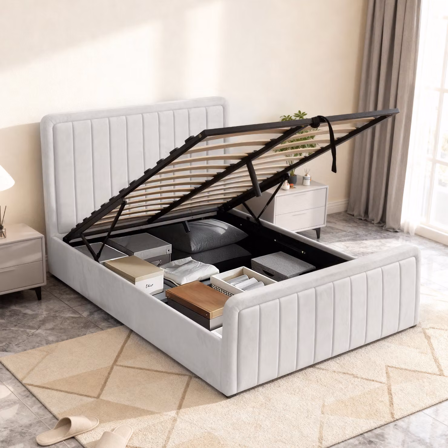 Comfy Living Modern White Velvet Upholstered Ottoman Bed Frame with Lift Up Base, W/D/H: 180 x 200 cm – 2