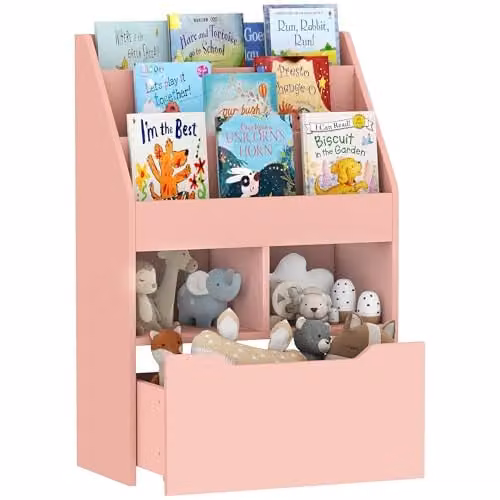 HOMCOM Kids Bookshelf and Toy Organiser with Moveable Drawer in Pink