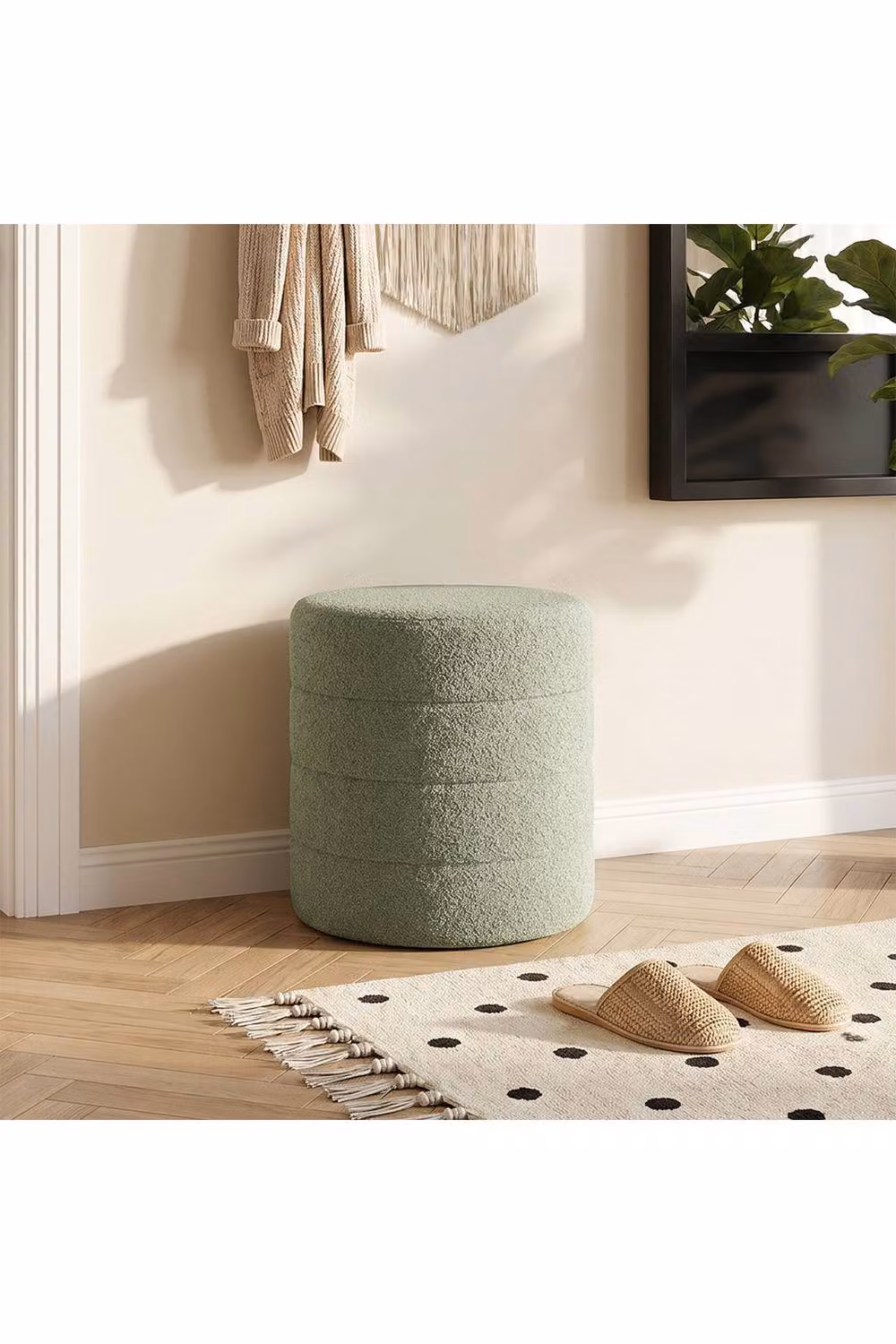 Living and Home Round Teddy Fleece Upholstered Footstool in Green – 2