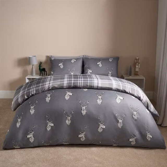 OHS Christmas Checked Microfibre Bedding Set in Anthracite Grey, 140 x 200 cm
