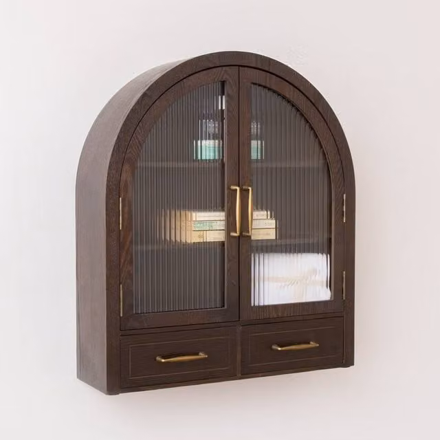 Melody Maison Kingsley Range Brown Oak Wall Mounted Cabinet with Glass Doors and Internal Drawers – 1