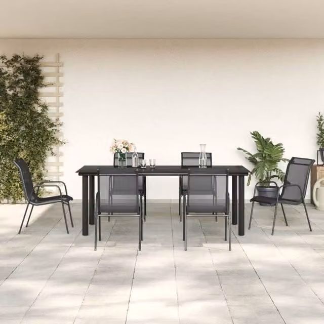 Berkfield Home 7 Piece Garden Dining Set in Black Steel and Textilene – 1