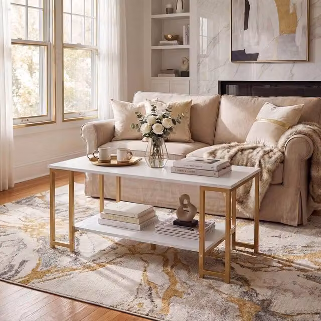 Kelvenix Modern Rectangular White Metal Living Room Cocktail Table