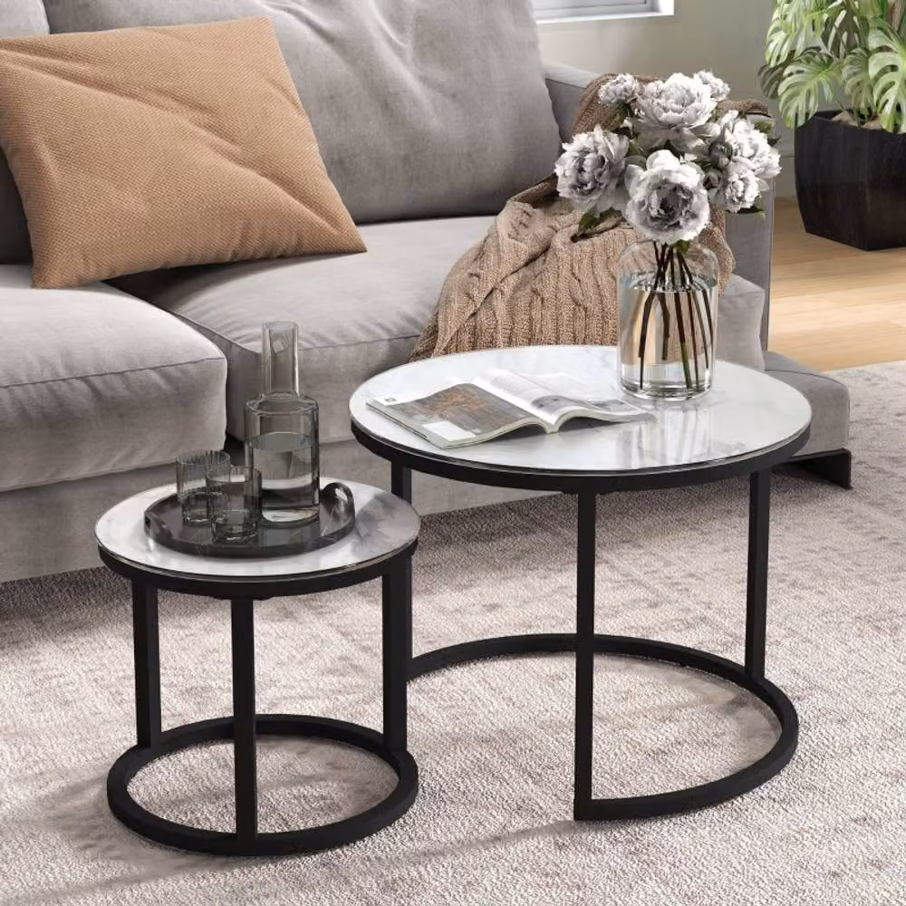STILVORA 2 Piece Modern Round Nesting Coffee Table Set with Glass Tops and White Metal Sled Base – 6