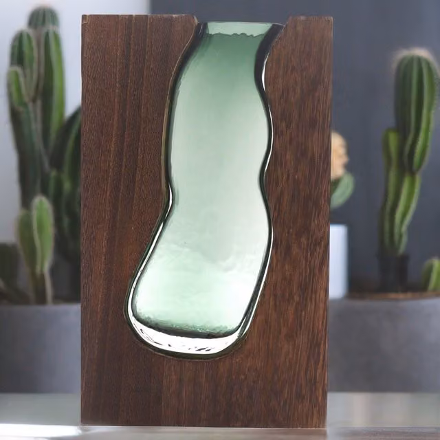 KDMD Large Transparent Glass Vase and Terrarium in Dark Brown Tung Wood