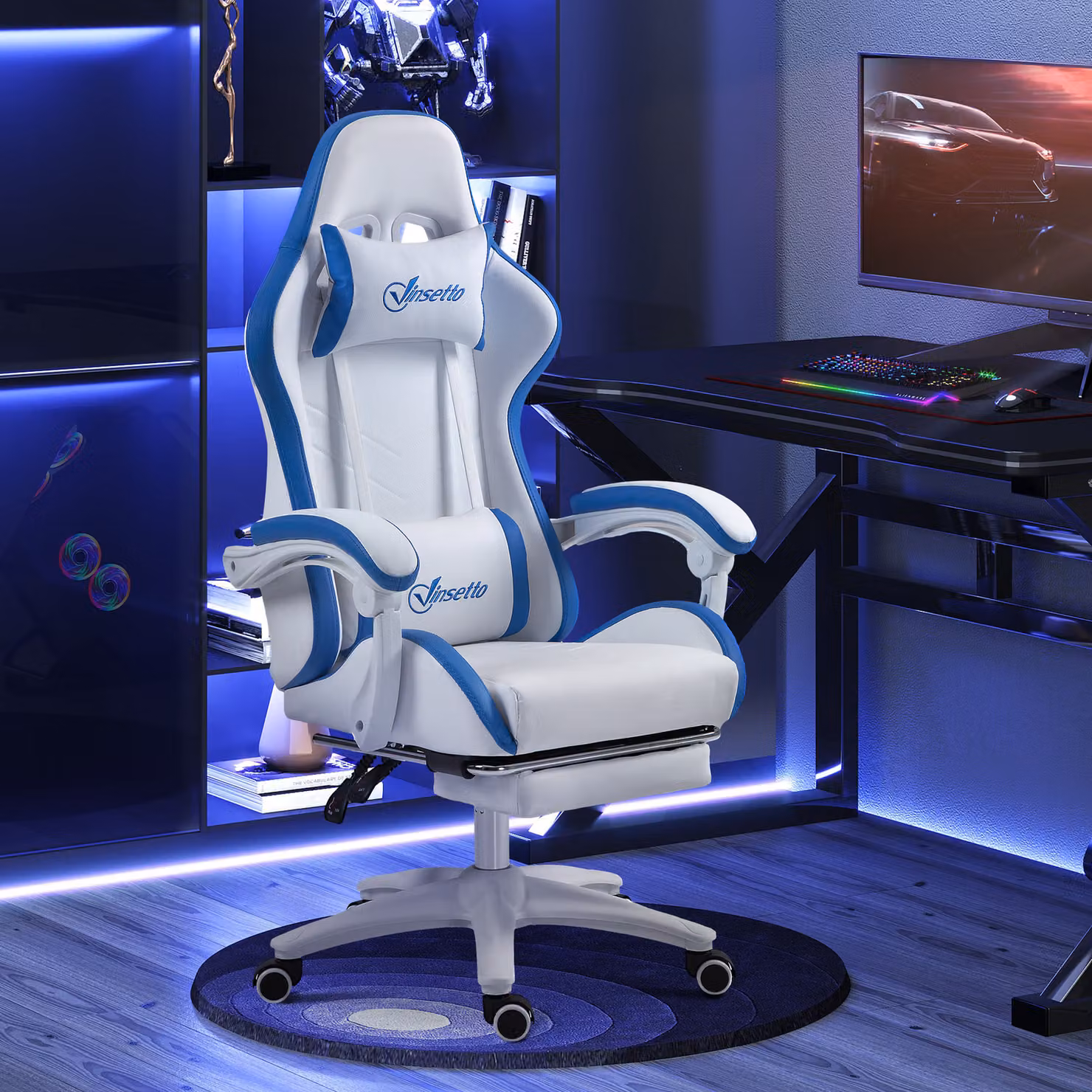 Vinsetto Racing Gaming Chair in White PU Leather with 360 Degree Swivel, Footrest, Removable Headrest and Lumbar Support, W/D/H: 65.0 x 45.5 x 120.0 cm – 2