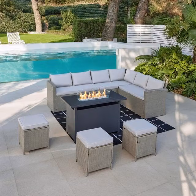 GRS Kansas L-Shape Rattan Garden Dining Set with Fire Pit Table in Grey