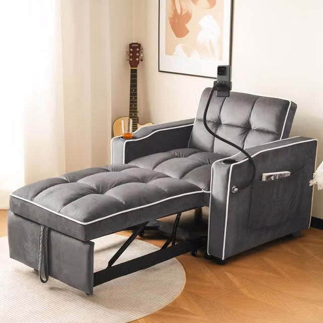 Merax Velvet Convertible Sleeper Chair with Phone Holder and 2 Cup Holders in Grey – 1
