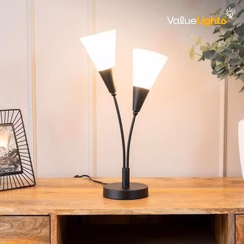 ValueLights Black 2 Arm Table Lamp with White Frosted Glass Shades and Included Bulb – 2