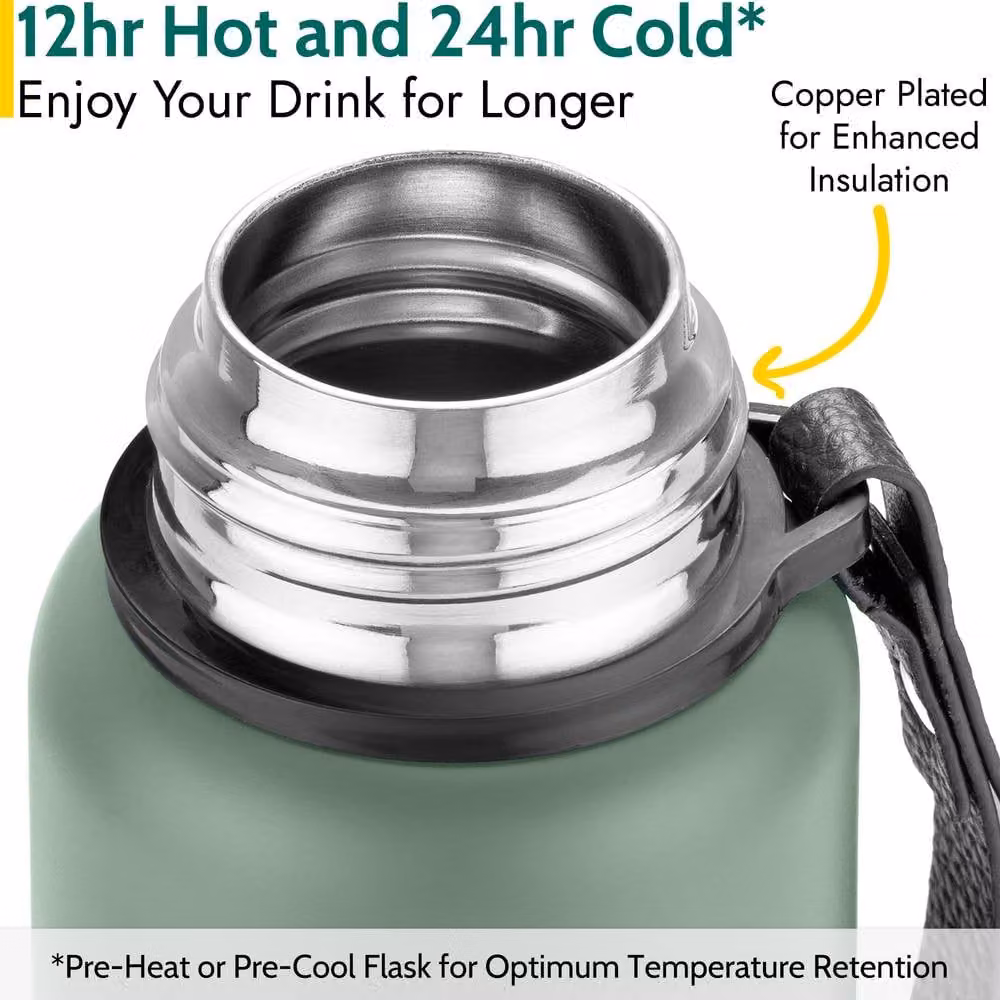 Trail Stainless Steel Vacuum Flask with Strap, Green, 1000 ml – 4