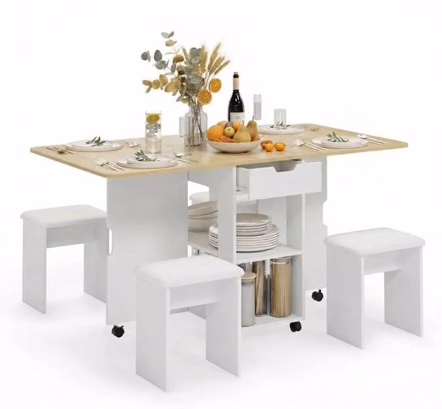 FLAVORA Oak Drop Leaf Dining Set with 4 Chairs in Light Oak, Width: 140 cm
