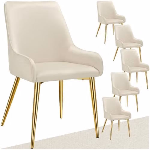 tectake Set of 6 Avane Dining Chairs with Armrests in Beige Velvet Look and Gold Metal Legs – 1