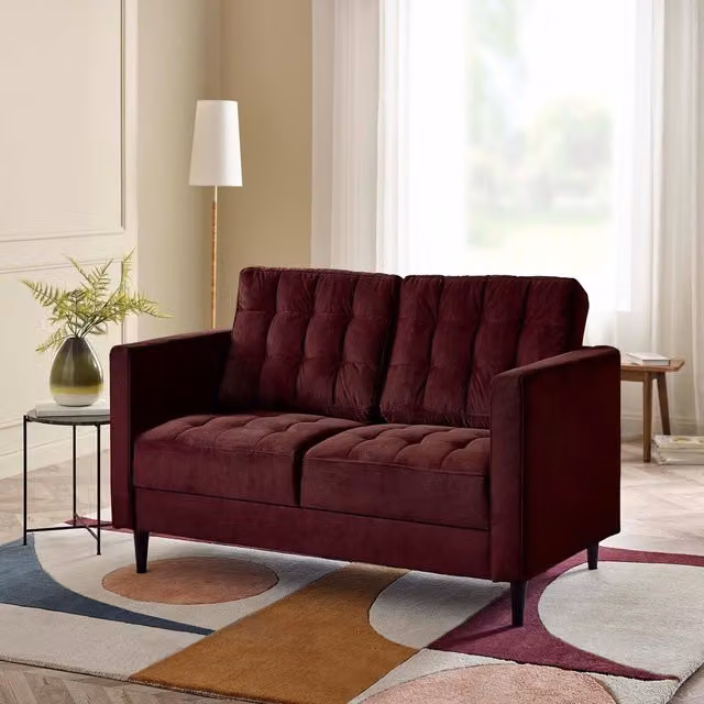 Furniturebox Juno Modern Velvet 2 Seat Sofa in Maroon with Solid Wood Frame