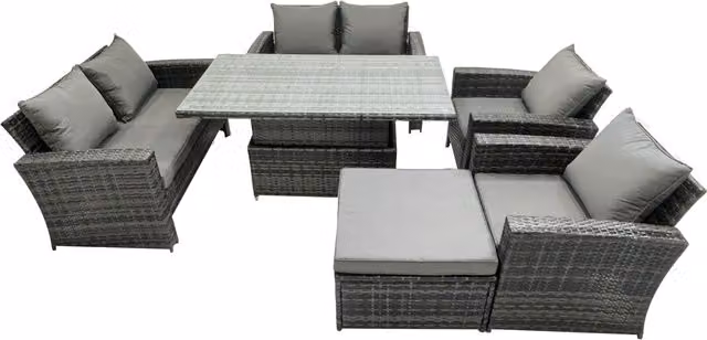 Fimous 7 Seater Rattan Outdoor Dining Set with Adjustable Height Rectangular Table and Love Sofa in Dark Grey
