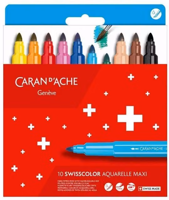 Caran d'Ache Swisscolor Water-Soluble Fibre Felt Pens, 10 Assorted Colours