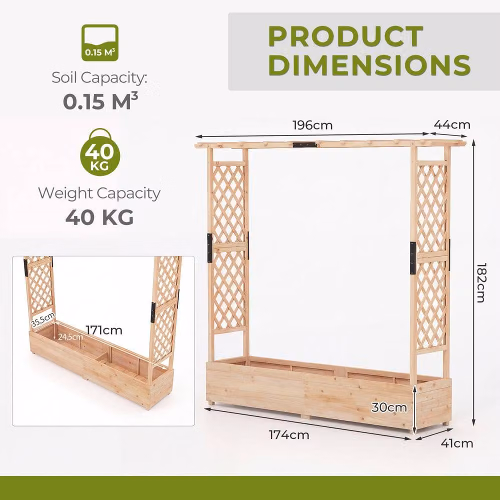 Costway Fir Wood Raised Garden Bed with Trellis in Sand/Brown, W/D/H: 182.0 x 41.0 x 174.0 cm – 2