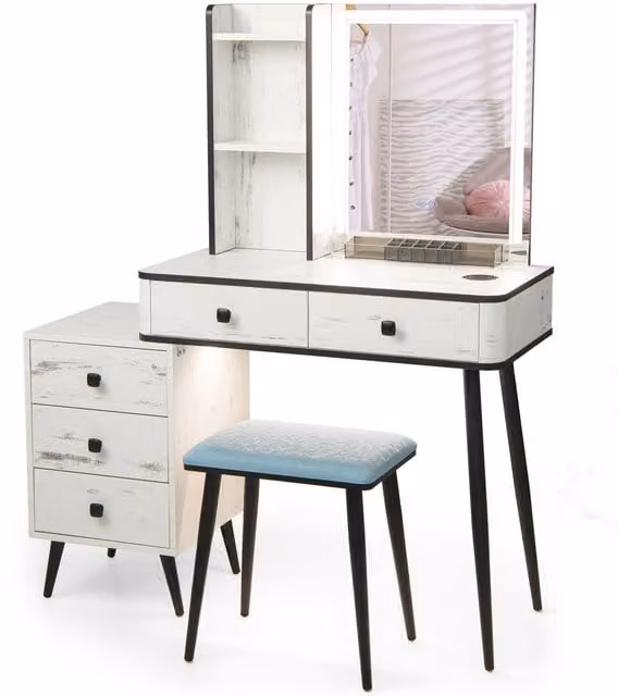 Costway Modern Hollywood LED Makeup Dressing Table and Stool Set in White