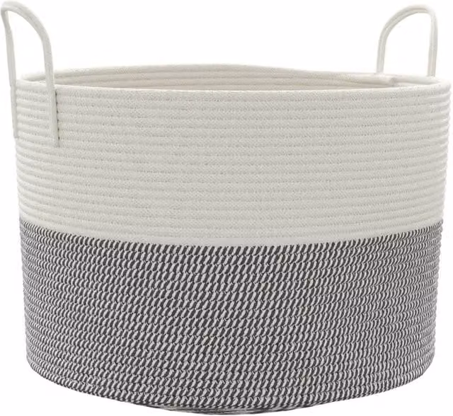 Berkfield Cotton Open Weave Storage Basket in Grey and White, W: 51 cm, D: 33 cm