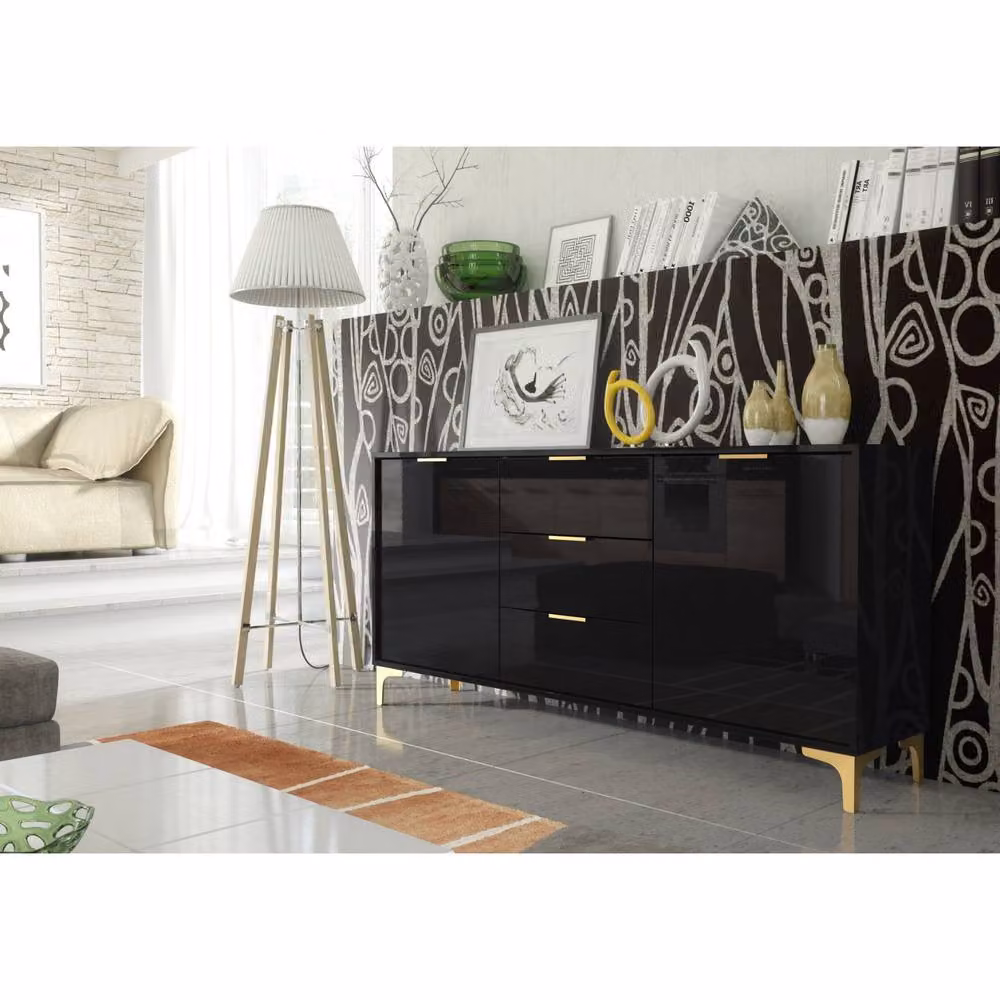 Mex Furniture LTD Goldline Glossy Black and Gold Sideboard, W: 140 cm, H: 80 cm, D: 35 cm – 6
