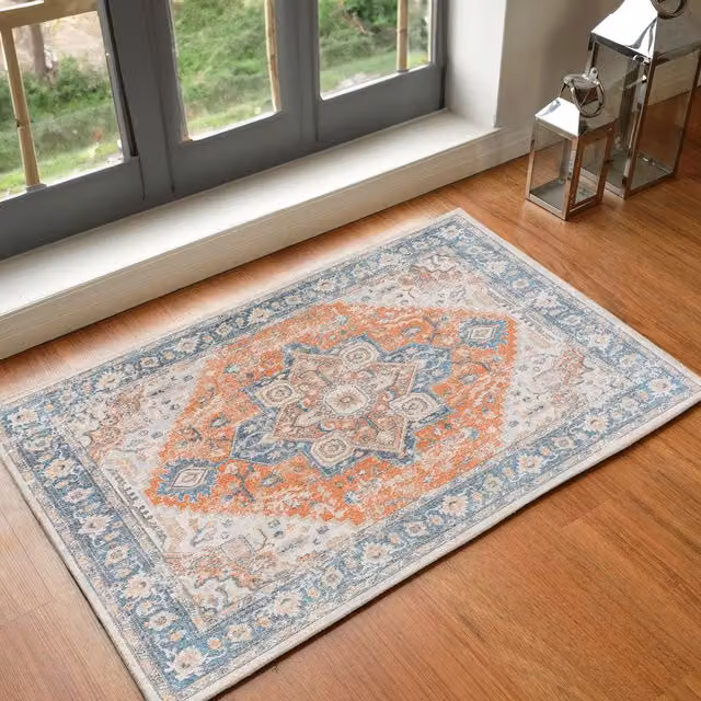 Livabliss Lilian Washable Vintage Boho Living and Dining Room Rug in Blue, Brown and Burnt Orange, W: 200 cm, D: 275 cm