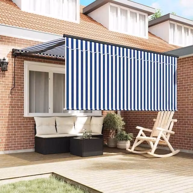 Berkfield Home Manual Retractable Folding Arm Awning in Blue and White, W: 350 cm, D: 250 cm
