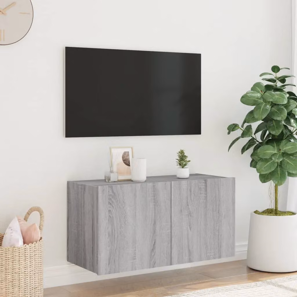 Berkfield Home Modern Wall Mounted TV Cabinet with Integrated LED Lights in Grey Sonoma, W: 80 cm, D: 35 cm, H: 41 cm – 4