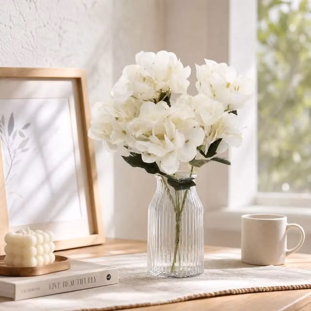 Garden Sanctuary White Silk Artificial Hydrangea Flower Bouquet for Wedding Tabletop Decor