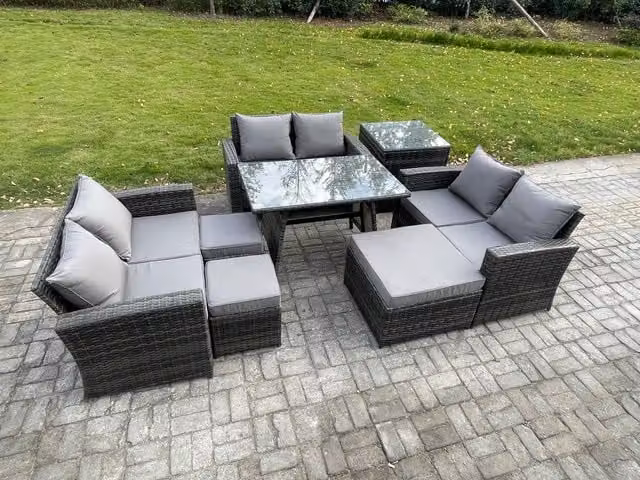 Fimous Outdoor Lounge Sofa Set in Dark Grey PE Rattan with Rectangular Dining Table and 2 Seat Sofa Side Table