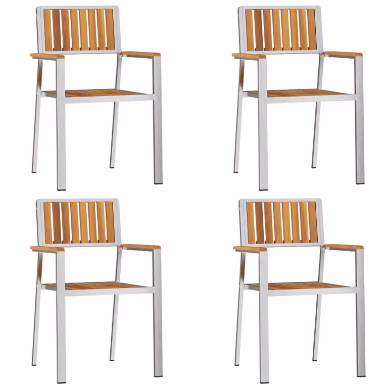 Berkfield Home Set of 4 Stackable Garden Chairs in Silver Acacia Wood and Stainless Steel