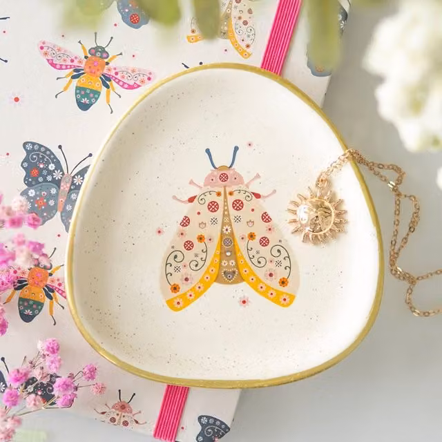 Kingsbury Gifts Floral Moth Ceramic Trinket Dish in White and Gold