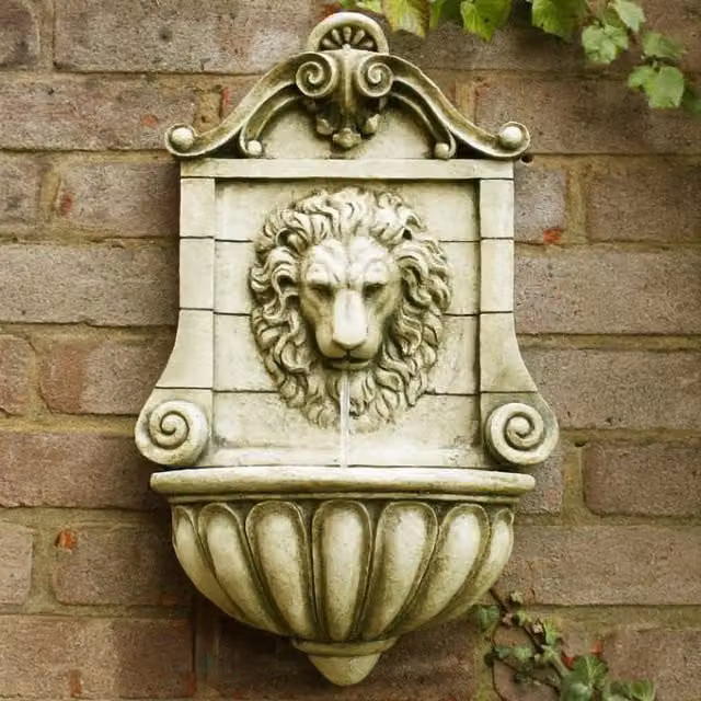 Primrose King Lion Head Antique Effect Wall Mounted Water Fountain in Beige and Yellow