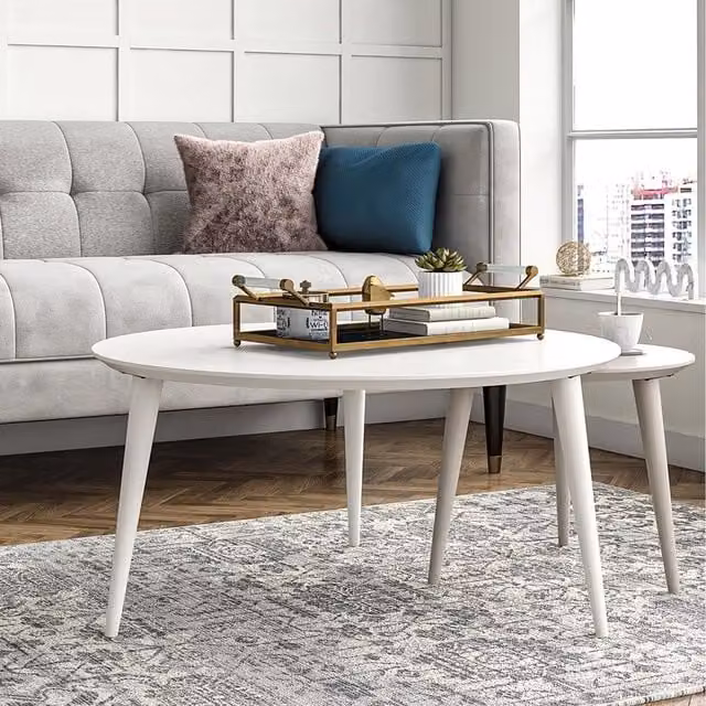 Cosmoliving Modern Square Wooden Nesting Coffee Tables in White and Beige