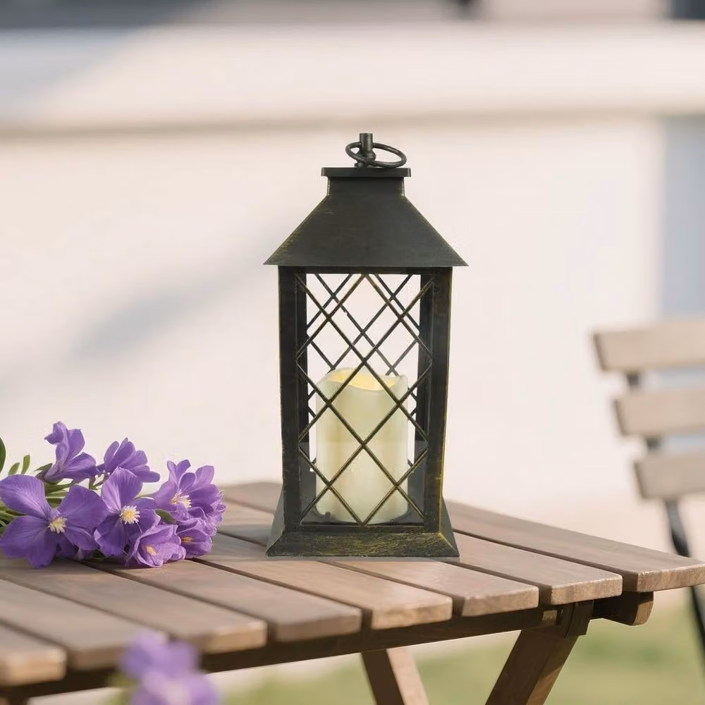 Bright Zeal Set of 2 Black and Gold Decorative Pillar Candle Lanterns with Timer and Flicker Effect, Height: 34 cm – 2