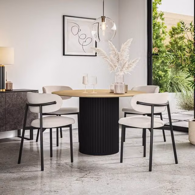 More4Homes Arlo Oak Round Dining Table with Black Legs and 6 Myla Beige Linen Dining Chairs Set, W: 120 cm, H: 75 cm – 1