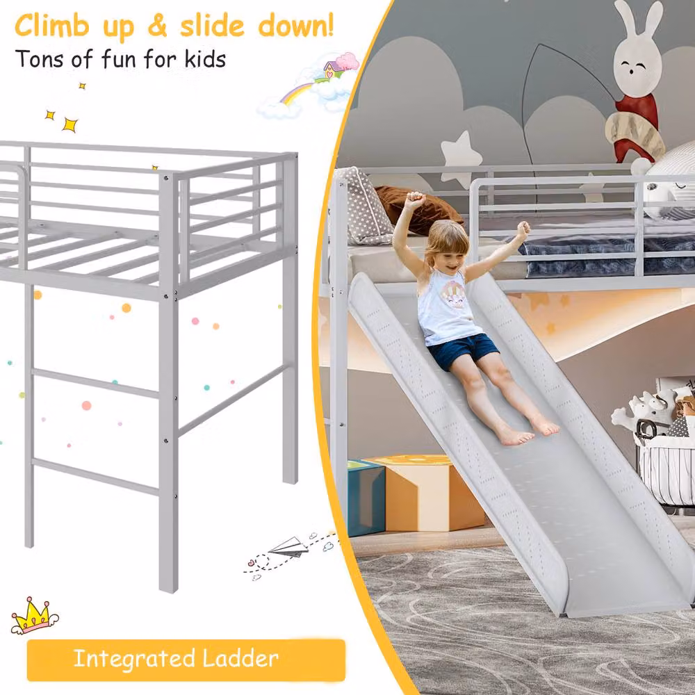 Costway Single Low Loft Bed with Metal Frame and Safety Guardrails in Silver – 4