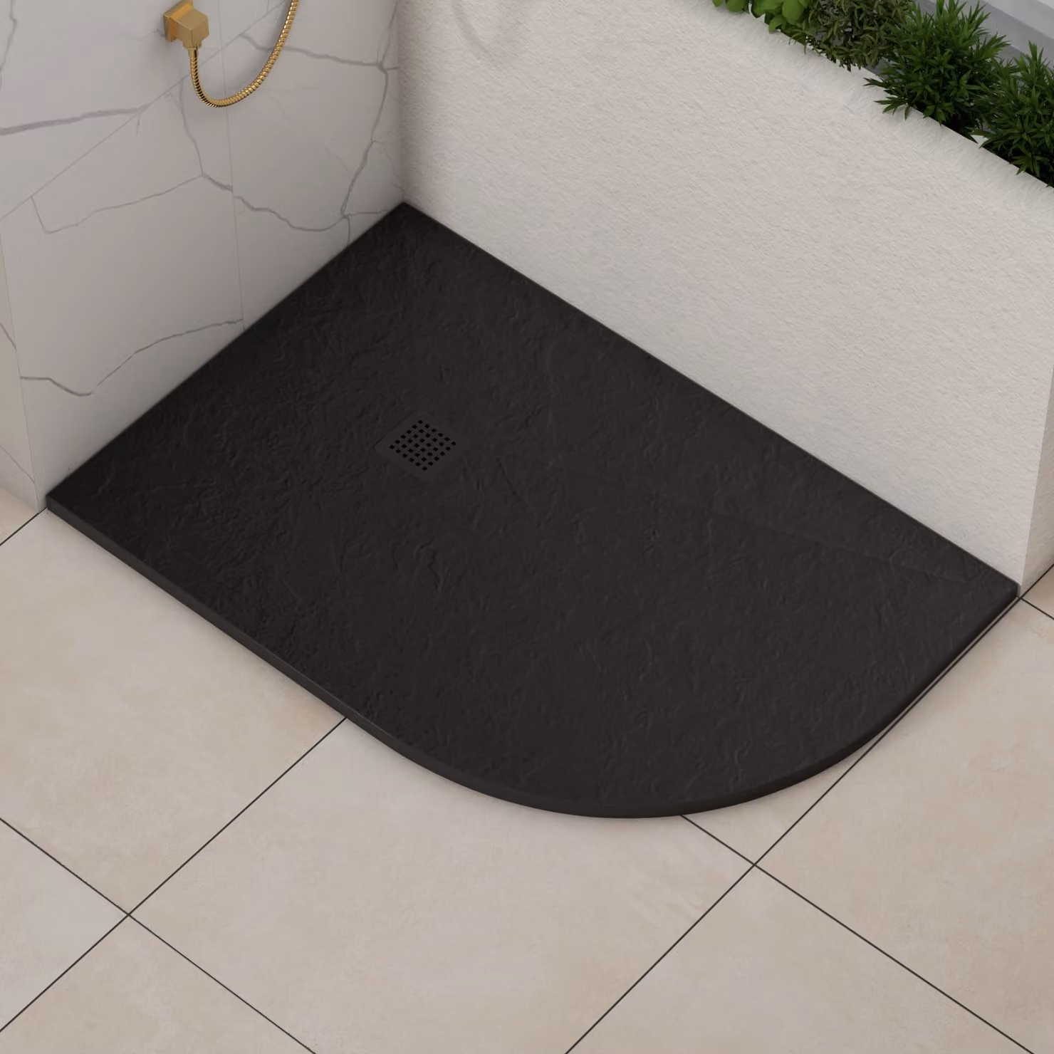 Luxor Offset Quadrant Stone Shower Tray in Black Slate Effect with Black Grate, Right Handed, W/D/H: 120 x 80 x 3 cm