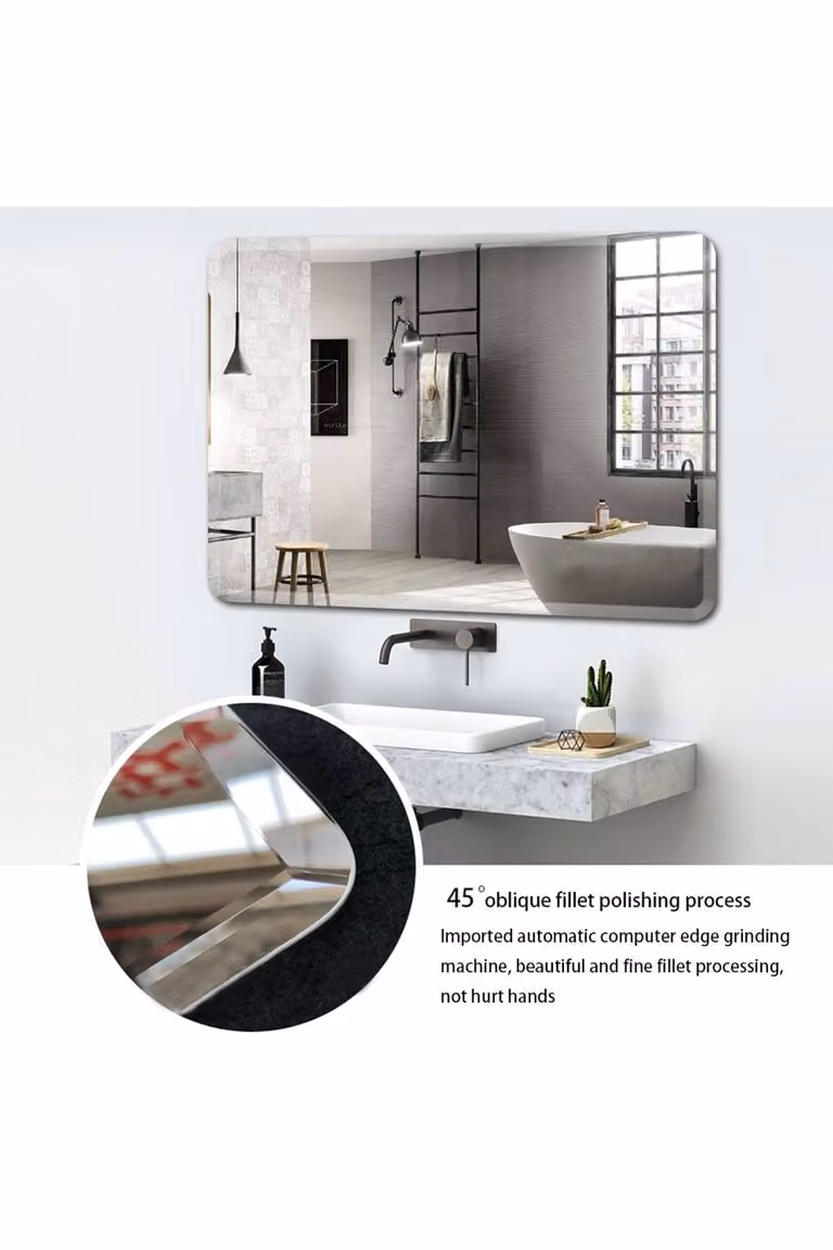 Living and Home Modern Beveled Edge Frameless Rounded Rectangle Wall Mirror in Silver