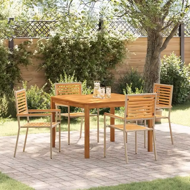Berkfield Home 5 Piece Beige Poly Rattan and Acacia Wood Garden Dining Set